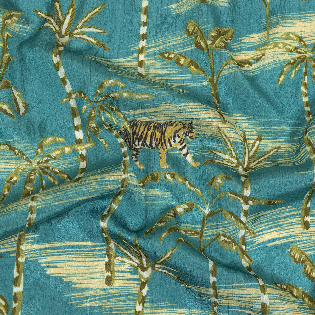 Crinkled Leafy Polyester Jacquard Print - Blue and Green Savannah Cats - Mood Exclusive Cerrado - Joann Fabrics