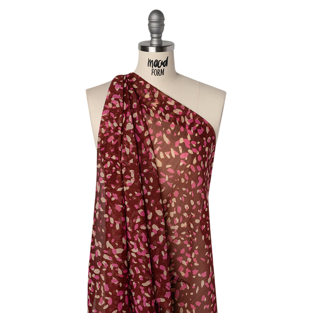 Crinkled Polyester Chiffon Print with Metallic Pinstripes - Burgundy, Pink and Cream Abstract Spots - Designer Deadstock - Joann Fabrics