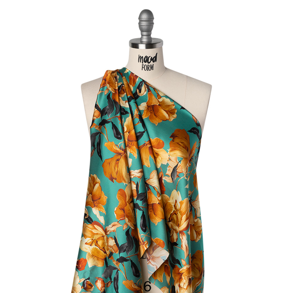 Silk Charmeuse Print 16MM, Made in Italy - Teal, Earthy Orange and Charcoal Blooming Roses - Joann Fabrics