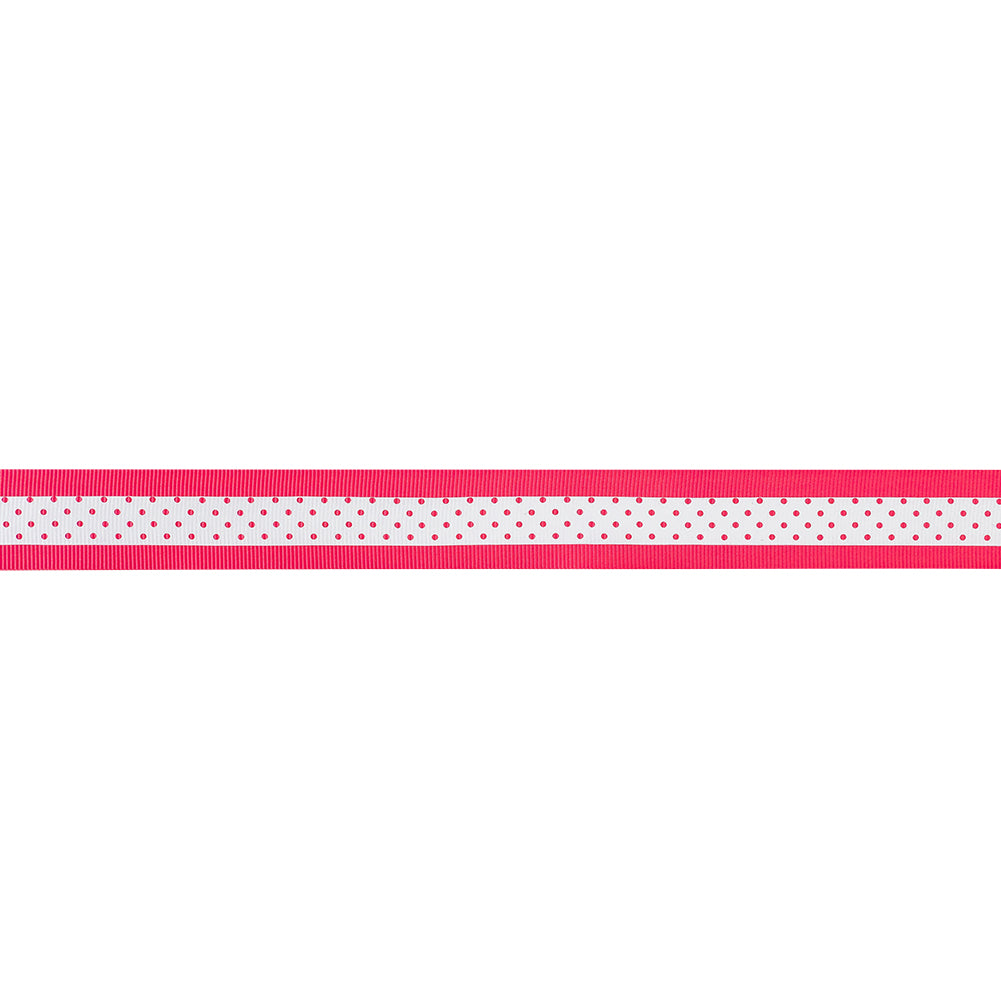 Italian Neon Pink and White Polka Dot Striped Petersham Grosgrain Ribbon - 1