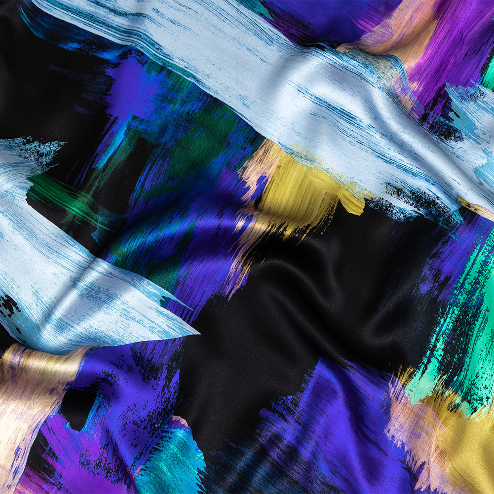 Mood Exclusive Italian Black, Mint and Purple Painterly Abstraction Silk Charmeuse - Joann Fabrics