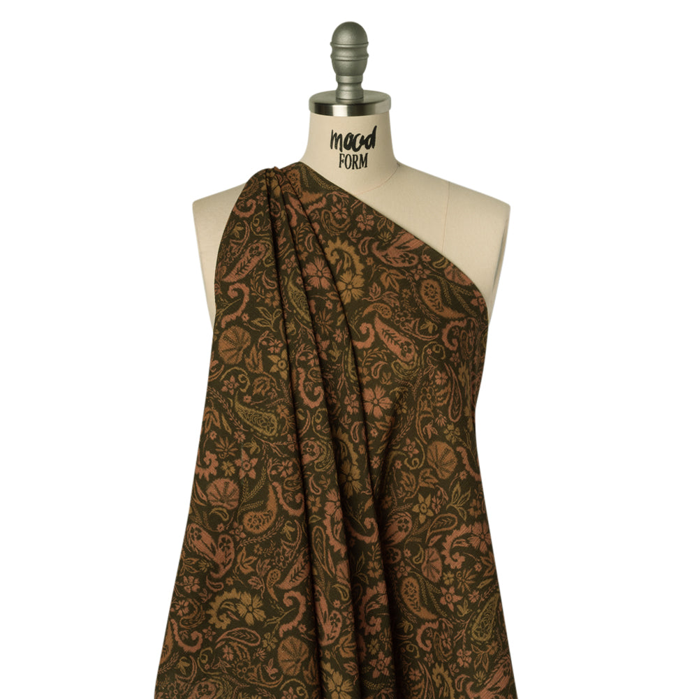 Slubbed Gauzy Cotton Woven - Dark Olive Green, Brown and Blush Tan Woodland Paisley - Mood Exclusive Woodland Whorls Print - Joann Fabrics