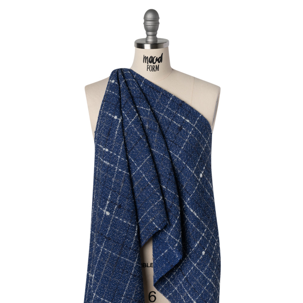 Metallic Wool Blend Tweedy Twill Boucle Made in Italy - Cobalt Blue, White and Silver Plaid - Deadstock - Joann Fabrics