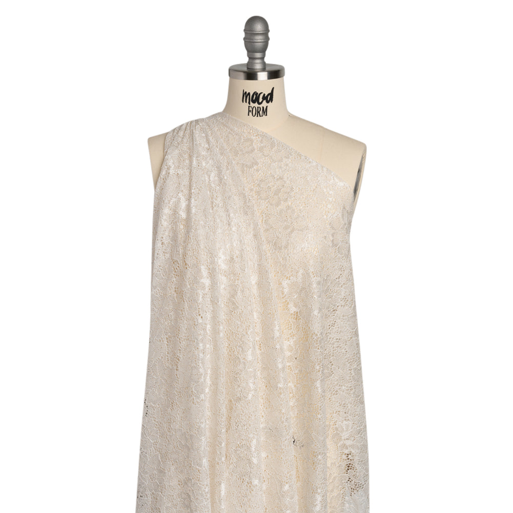 Stretch Corded Raschel Lace with All-Over Glitter - Candlelight Beige on White Floral - Joann Fabrics