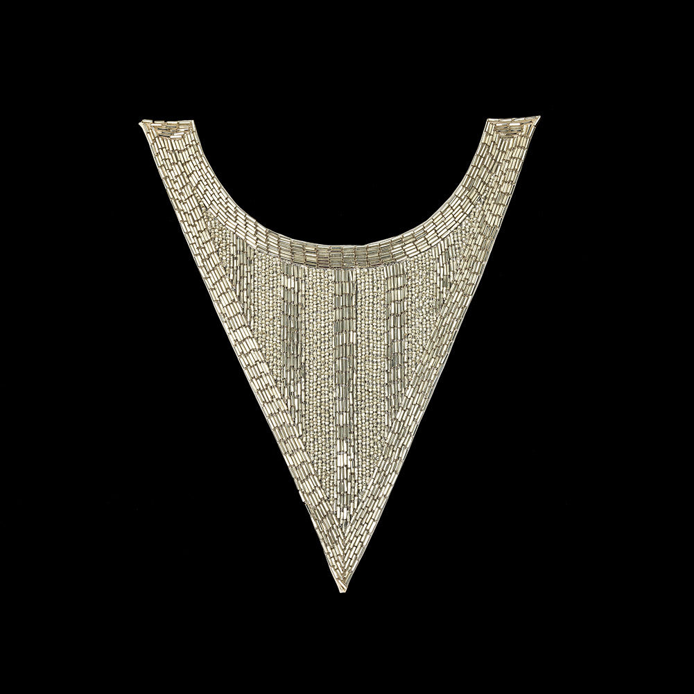 Vintage Silver-lined Chop and Bugle Beaded Triangular Collar Applique - 10