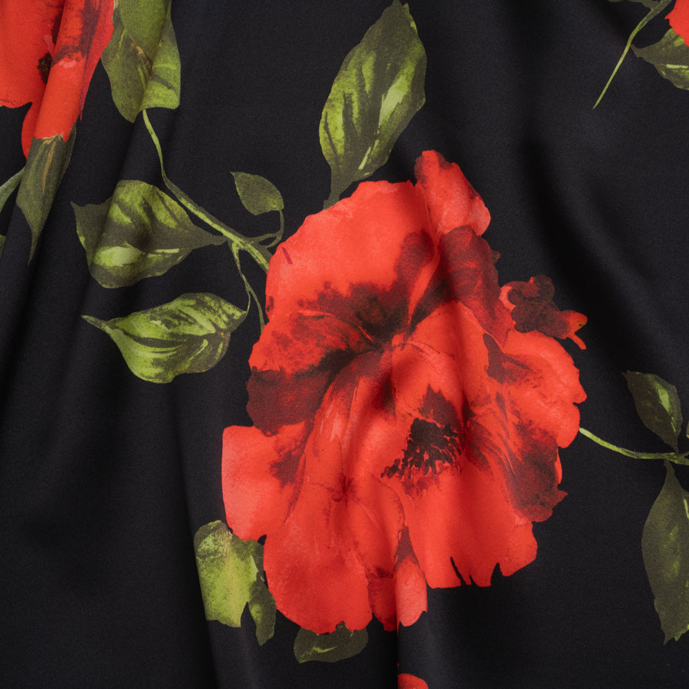 Silk Charmeuse Print 16MM, Made in Italy - Black and Red Scattered Roses - Joann Fabrics