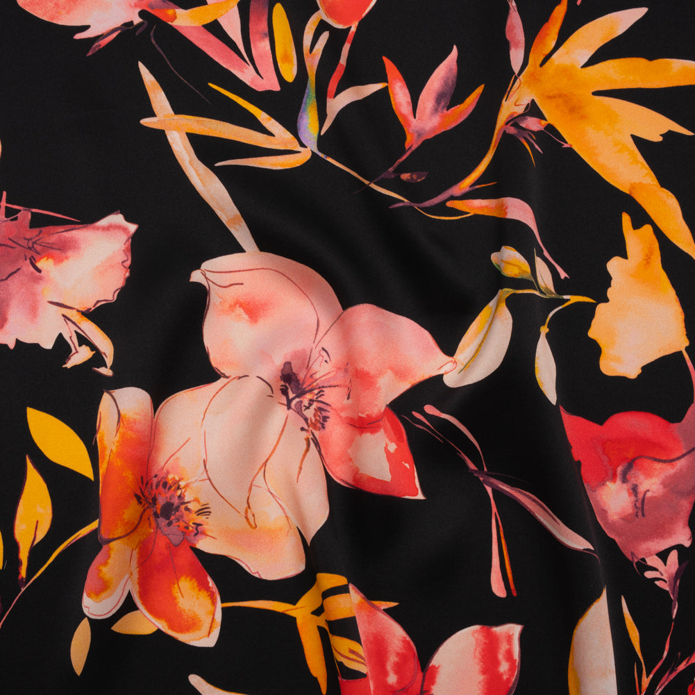 Silk Charmeuse Print 16MM, Made in Italy - Black, Orange and Red Illustrated Watercolor Flowers - Joann Fabrics