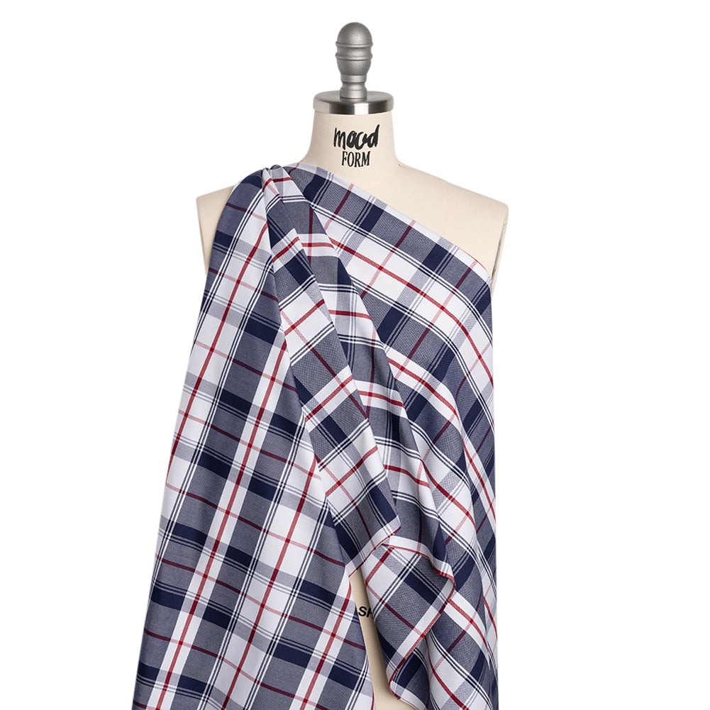 Cotton Oxford Shirting - Dark Blue, Cranberry Red and White Plaid - Deadstock - Joann Fabrics