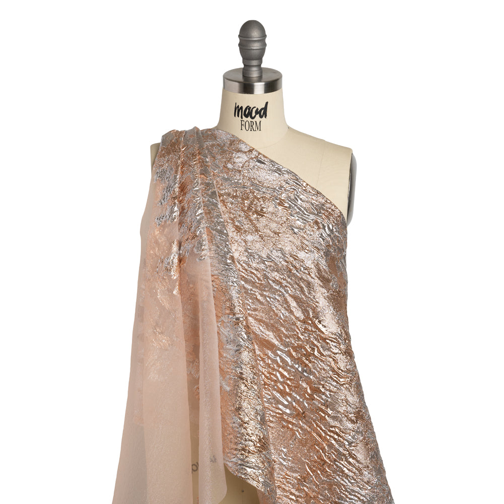 Metallic Burnout Luxury Brocade - Peach and Silver Abstract Crinkled Borders - Joann Fabrics