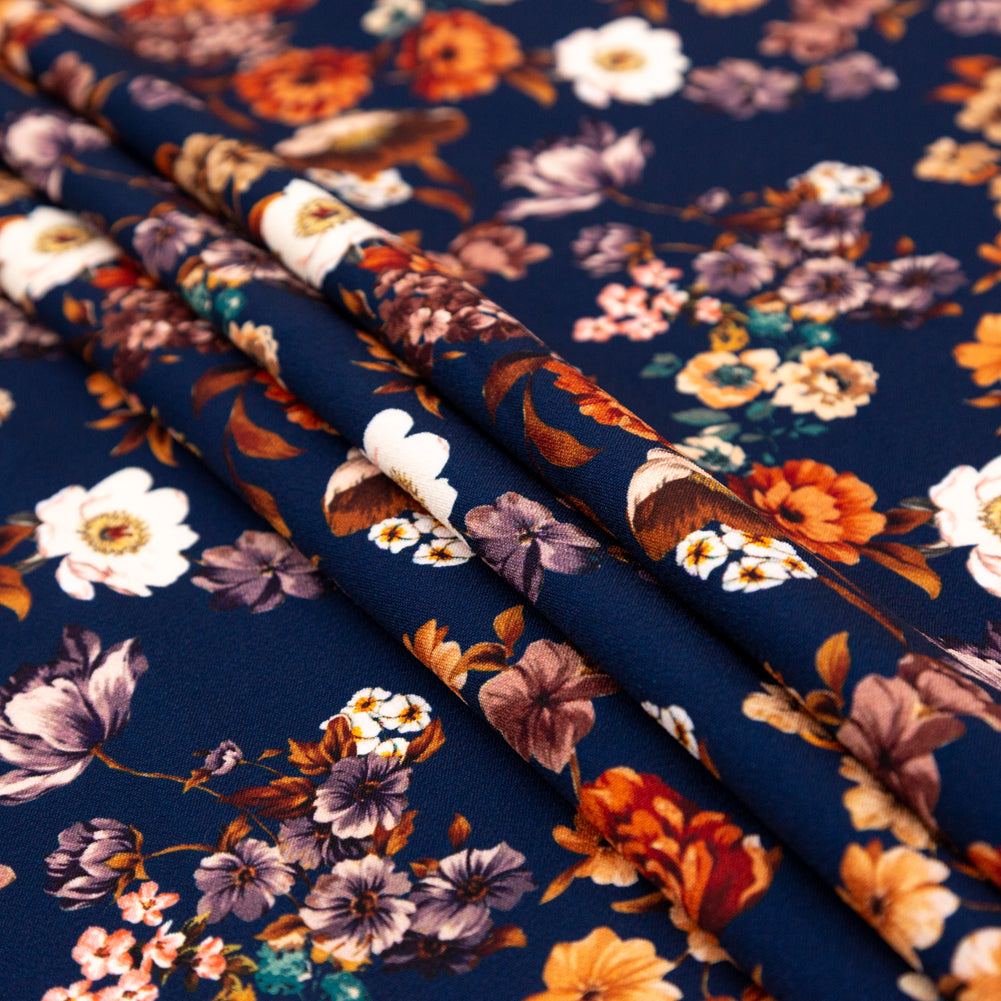 Stretch Polyester Crepe - Navy and Orange Floral - Floral Dreams Print - Mood Exclusive St. Tropez Collection - Joann Fabrics
