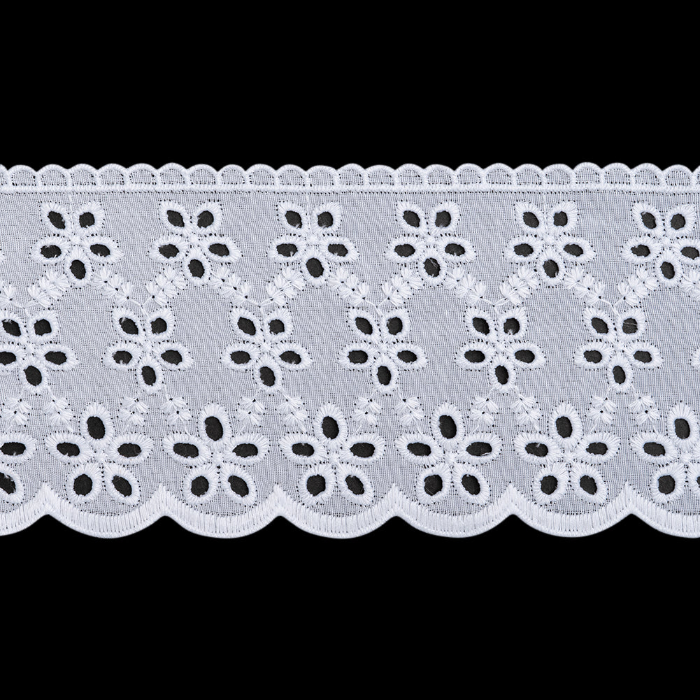 Cotton and Polyester Embroidered Eyelet Lace Trim with Scalloped Edges - 3.25