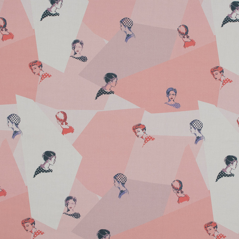 Cotton Poplin - Pink and Blue Faces on Geometrics - Les Femmes en Pois Print - Mood Exclusive Avenable Collection - Joann Fabrics