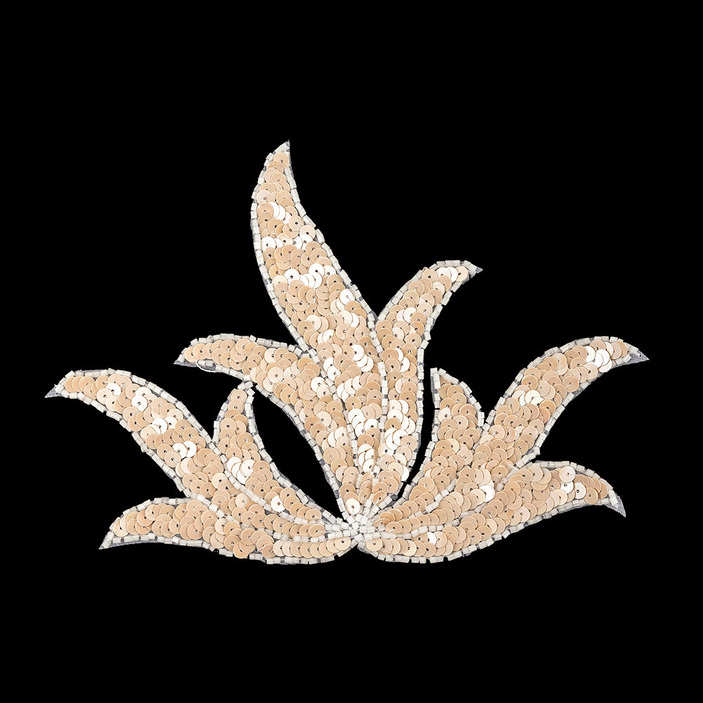 Vintage Peach Bellini Satin Beaded and Sequins Leaf Motif Applique - 5.125