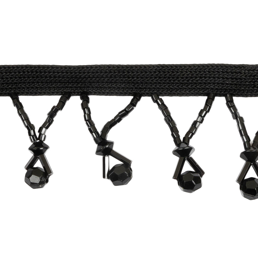 Vintage Black Faceted Round and Seed Beaded Fringe Trim - 1.375