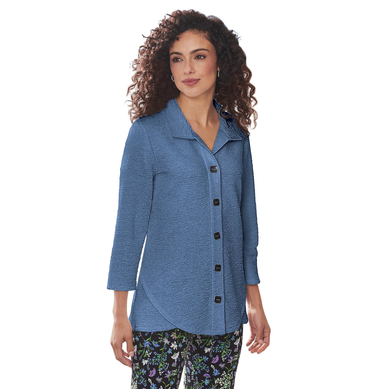 Tulip-Hem Textured Knit Shirt, Button Front, 3/4 Sleeves - Northstyle Catalog