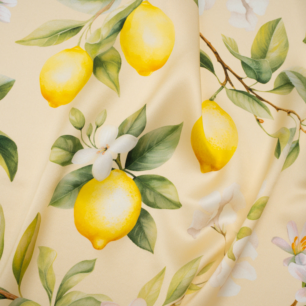 Silk Charmeuse Print 16MM, Made in Italy - Cream, Green and Yellow Blossoming Lemon Tree - Joann Fabrics