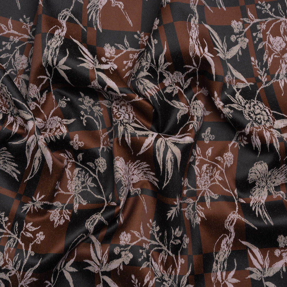 Stretch Flowers and Cranes Jacquard Print - Brown and Black Plaid - Mood Exclusive Long Live - Joann Fabrics