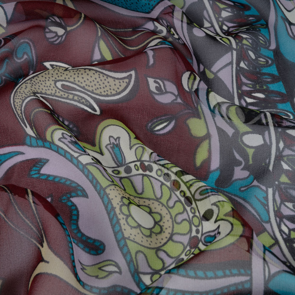 Wine, Turquoise and Lime Florals and Border Stripes Silk Chiffon - Joann Fabrics