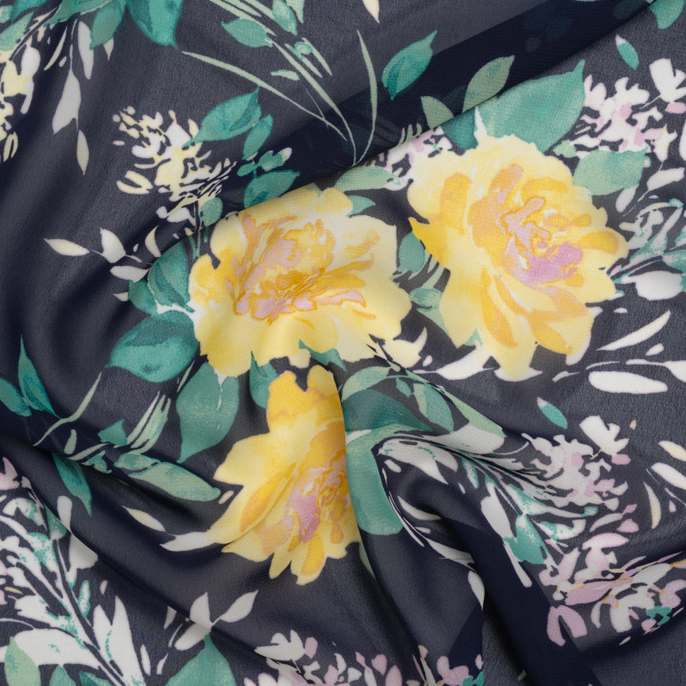 Polyester Chiffon Print - Navy Blue, Yellow and Green Rose Bouquets - Designer Deadstock - Joann Fabrics