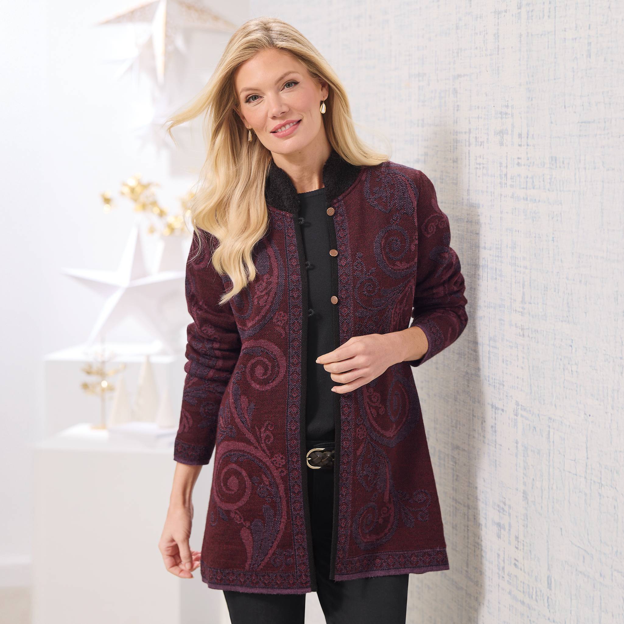 Peruvian Alpaca Swirling Jacquard Cardigan, Bouclé Collar - Northstyle Catalog