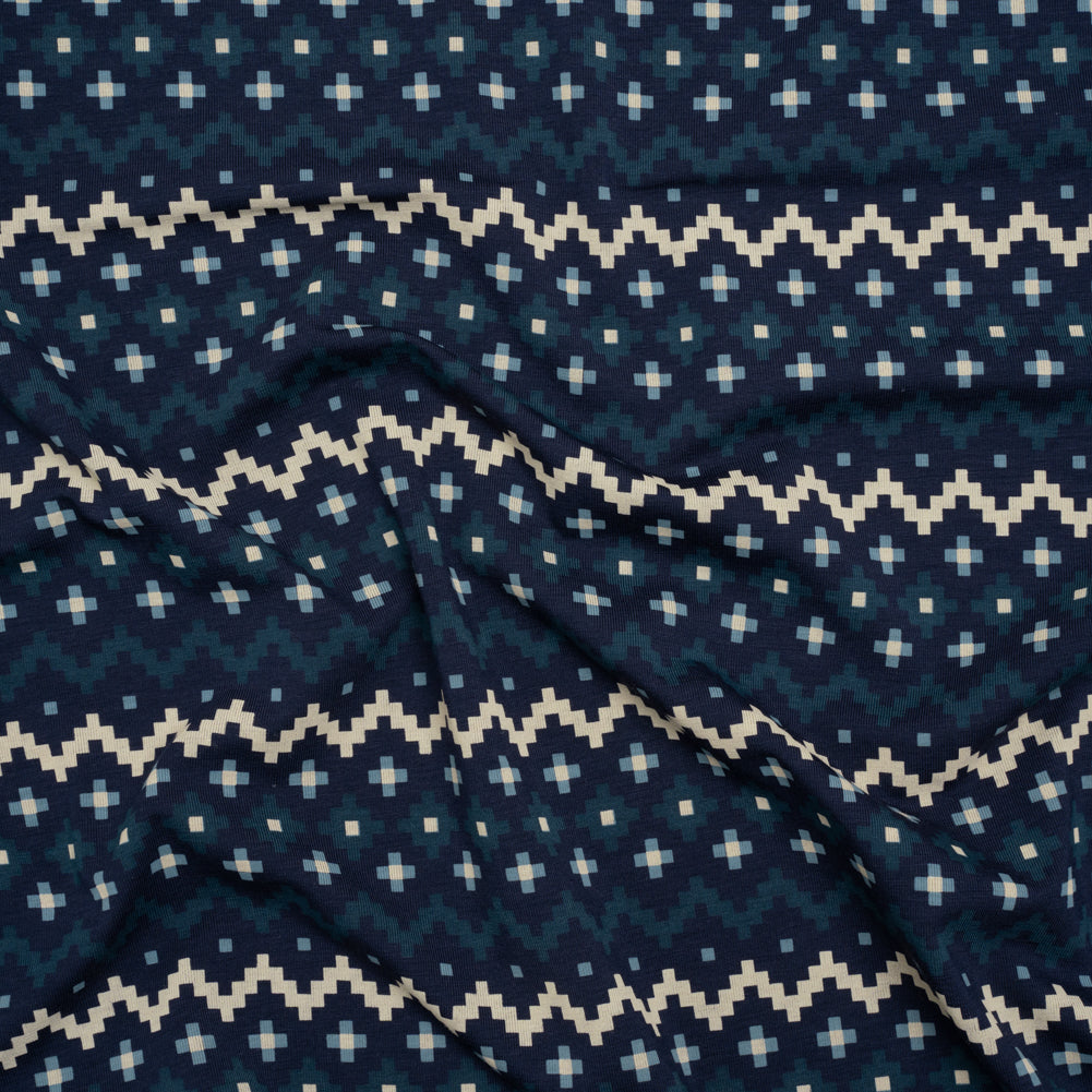 Stretch Modal and Cotton Jersey - Navy, Beige and Dark Teal Geometric Stripes - Deadstock - Joann Fabrics