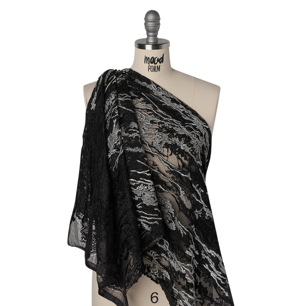 Metallic Embroidered Raschel Lace - Black and Silver Floral and Waves with Scalloped Border - Joann Fabrics