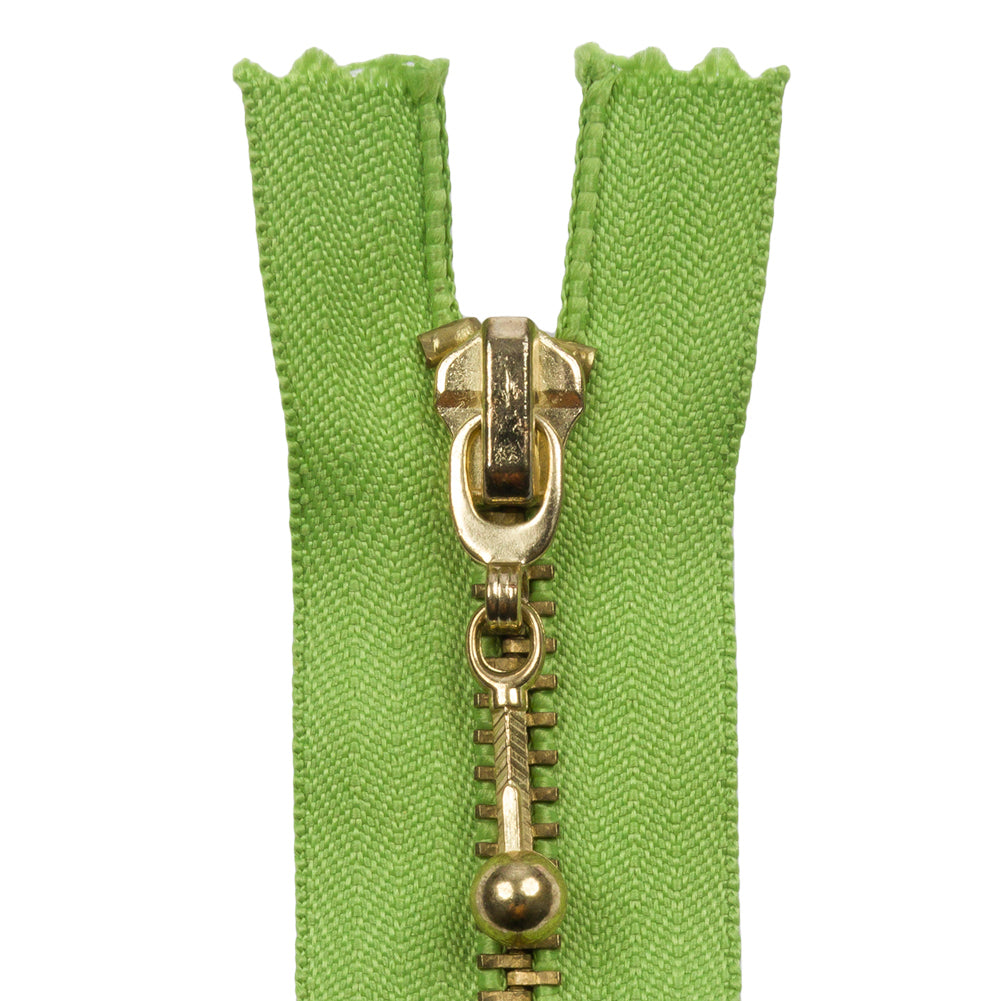 Lime and Antique Gold T5 Closed End Metal Zipper with Decorative Pull - 3.5
