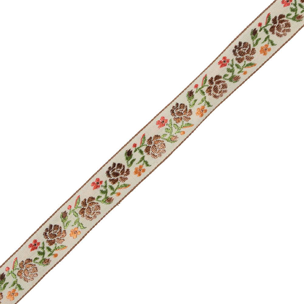 Brown, Orange and Green Floral Jacquard Ribbon - 0.875