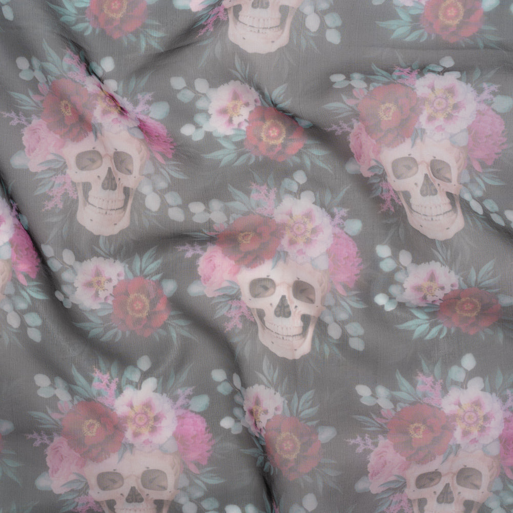 Polyester and Viscose Organza - Black, Pink and Ivory Flower Skulls - Joann Fabrics