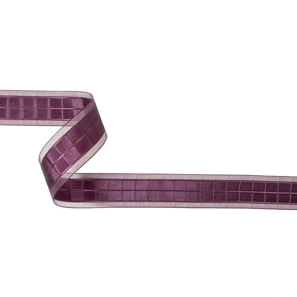 Plum Windowpane Checks and Sheer Borders Woven Ribbon - 1