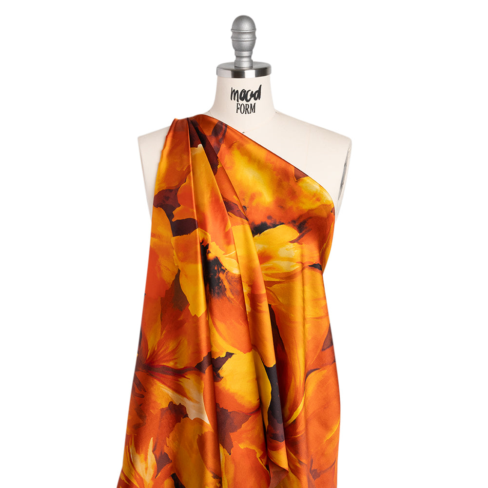 Silk Charmeuse Print 16MM, Made in Italy - Dark Orange, Golden Yellow and Russet Brown Painterly Flowers - Joann Fabrics