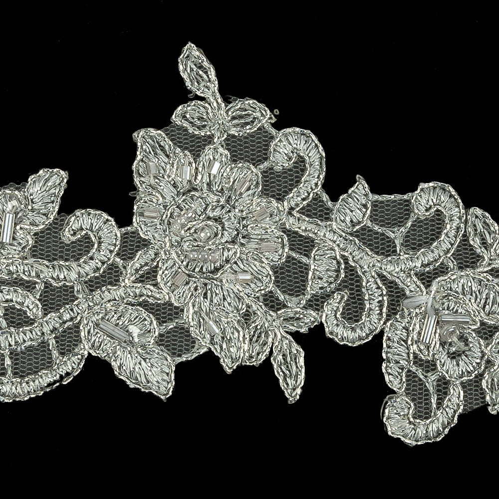 Silver Floral Beaded Bridal Lace Trim with Silver Cording - 2.5