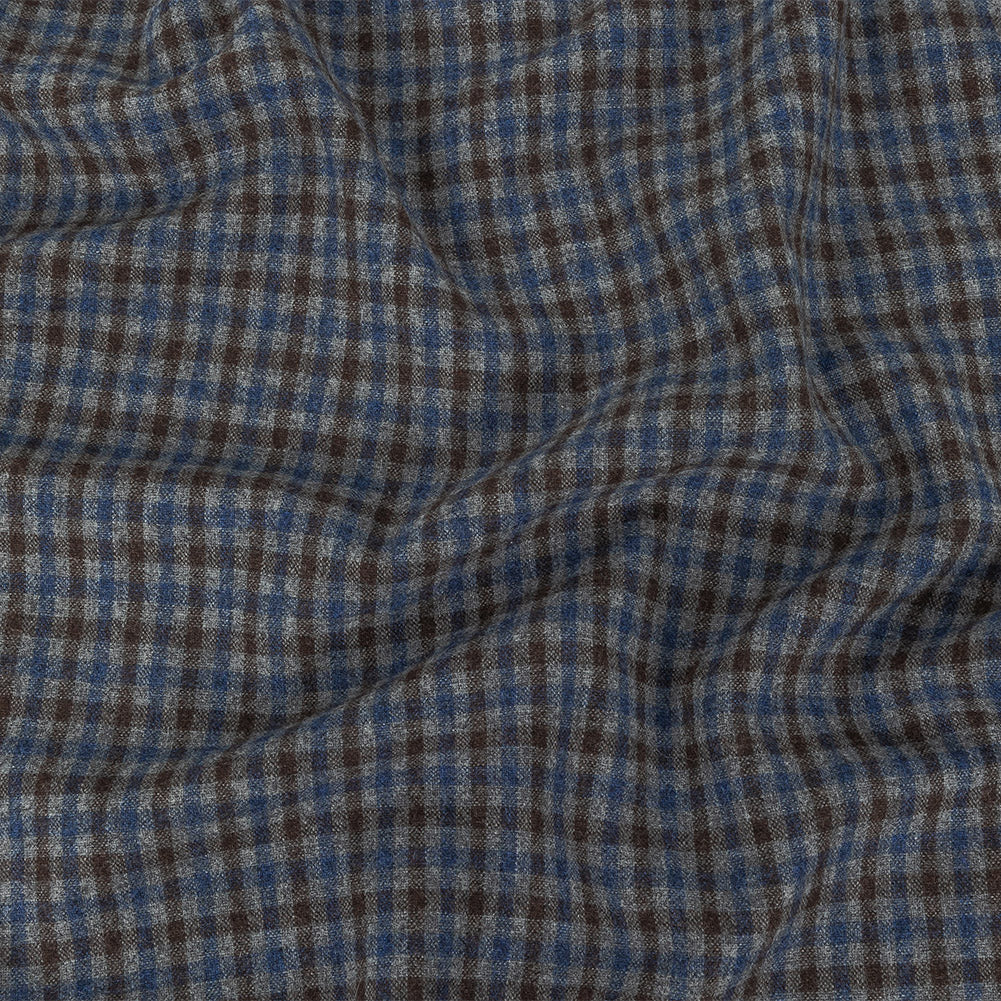 Italian Estate Blue, Gray and Brown Tattersall Check Super 100 Wool and Cashmere Suiting - Joann Fabrics