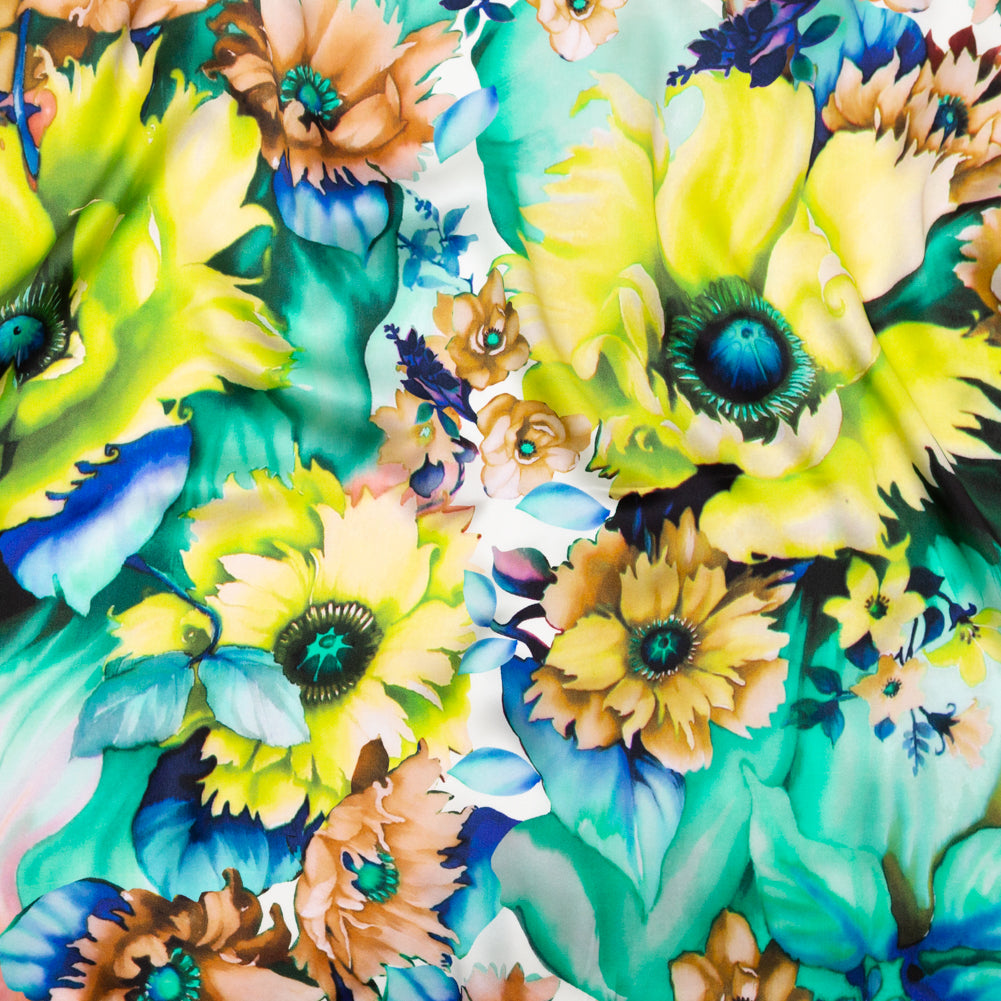 Mood Exclusive Italian Chartreuse and Sea Green Whimsical Floral Digitally Printed Silk Charmeuse - Joann Fabrics