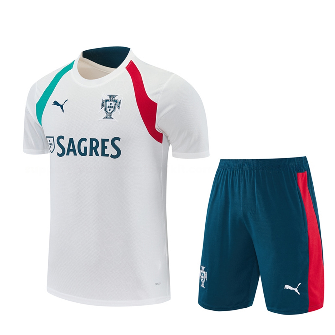 Portugal 2026 Short-Sleeve Training Set - White With Red And Green Accents Top & Dark Blue With A Red Stripe Pants - UnitedFutballJersey
