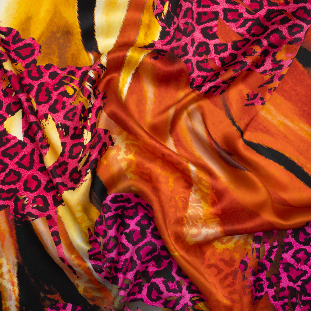Silk Charmeuse Panel 16MM, Made in Italy - Hot Pink, Red and Beige Abstract Flow with Leopard Print Floral Silhouettes - Joann Fabrics