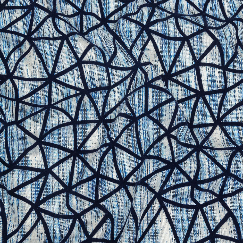 Navy Flocked Geometric Web on Blue and White Distressed Stripes Stretch Cotton Twill - Joann Fabrics