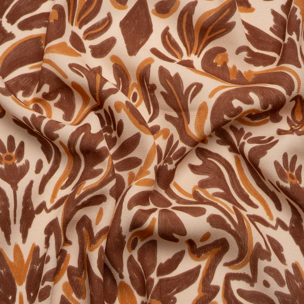Sustainable Viscose Crepe Print - Beige, Burgundy and Orange Floral Damask - Mood Exclusive Pieces into Place - Joann Fabrics