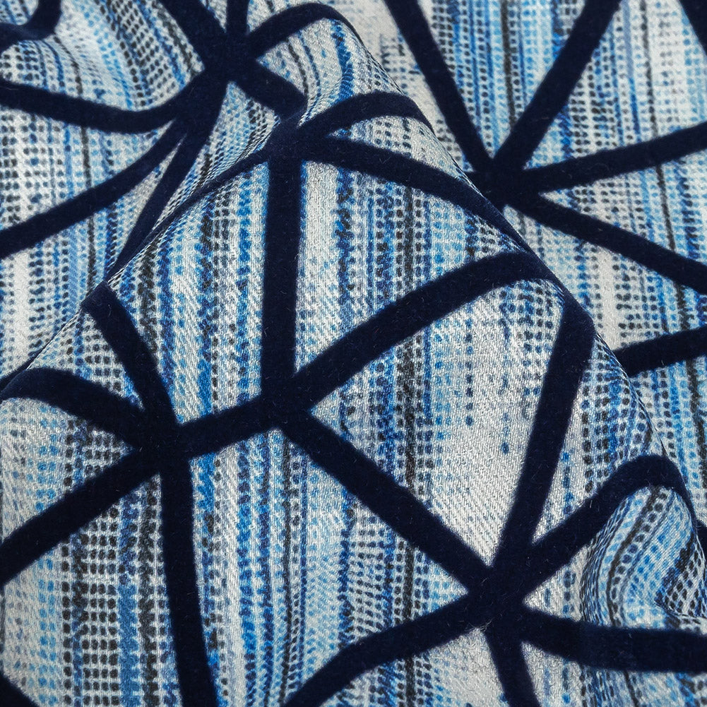 Navy Flocked Geometric Web on Blue and White Distressed Stripes Stretch Cotton Twill - Joann Fabrics