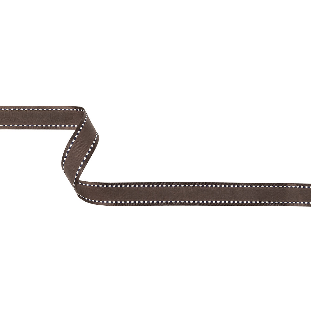 Fudge Woven Ribbon with Navy and White Stitched Border - 0.625