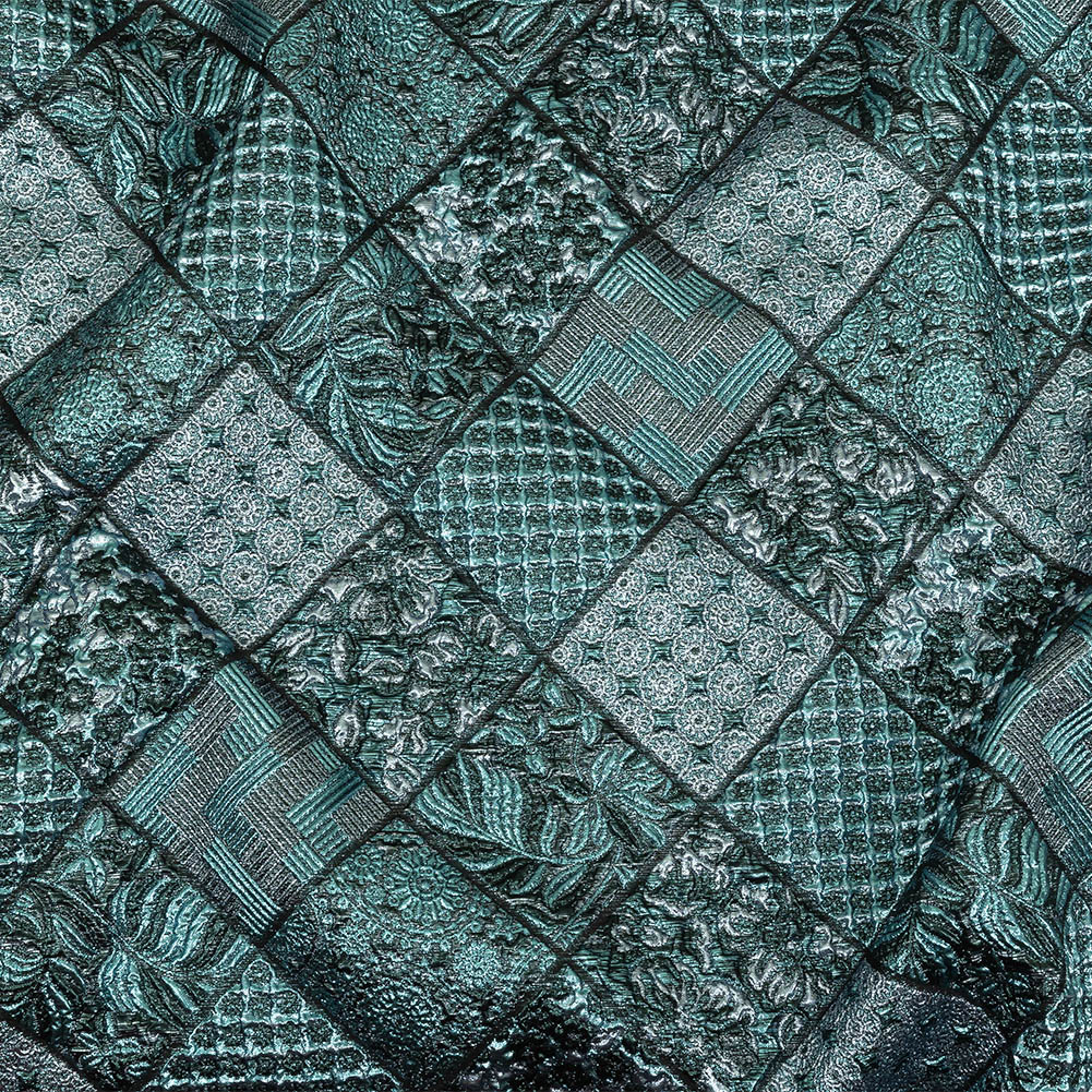 Metallic Turquoise, Powder Blue and Evergreen Patchwork Squares Luxury Brocade - Joann Fabrics