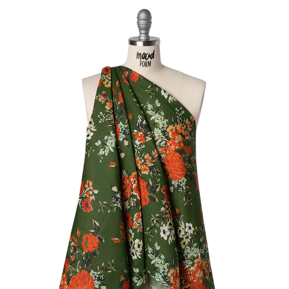 Medium Weight Linen Woven Print - Forest Green, Dark Orange and Mint Floral - Joann Fabrics