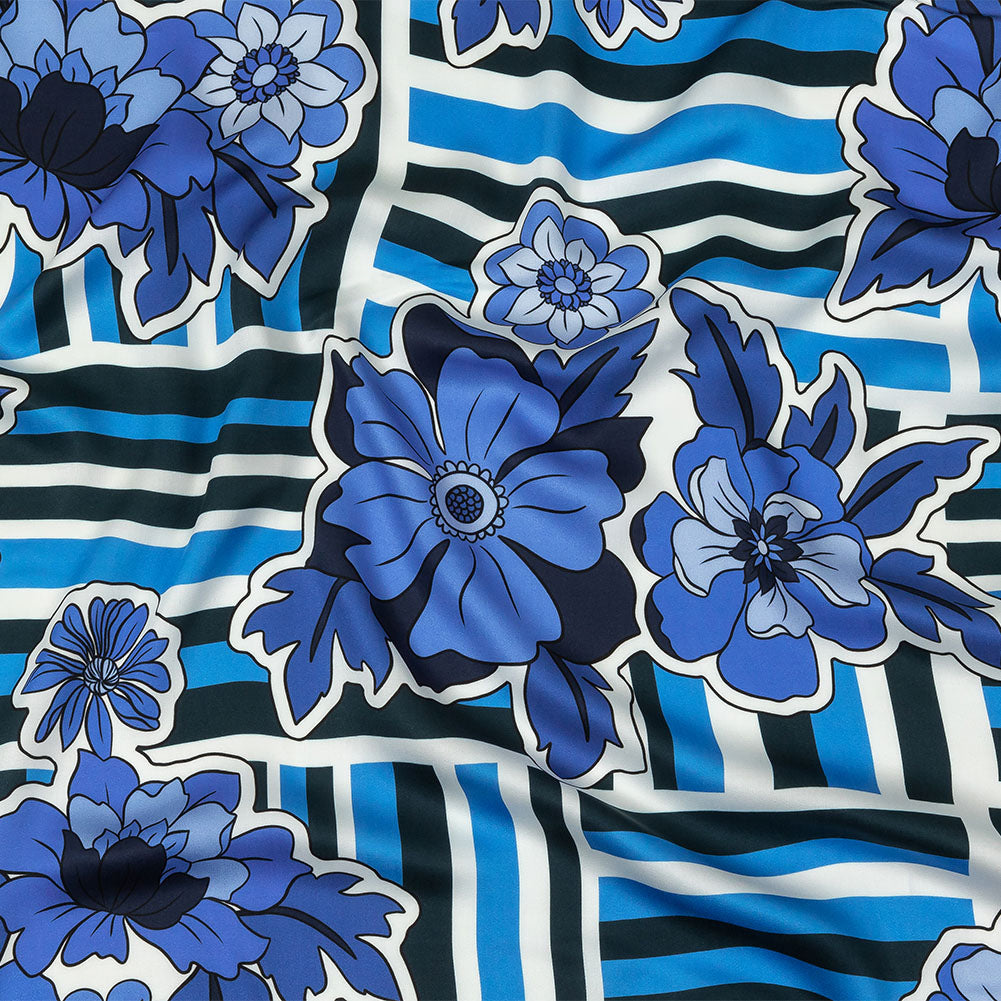 Rayon Challis - Flowers and Stripes - Stuck on Blue Print - Mood Exclusive Indigo Collection - Joann Fabrics