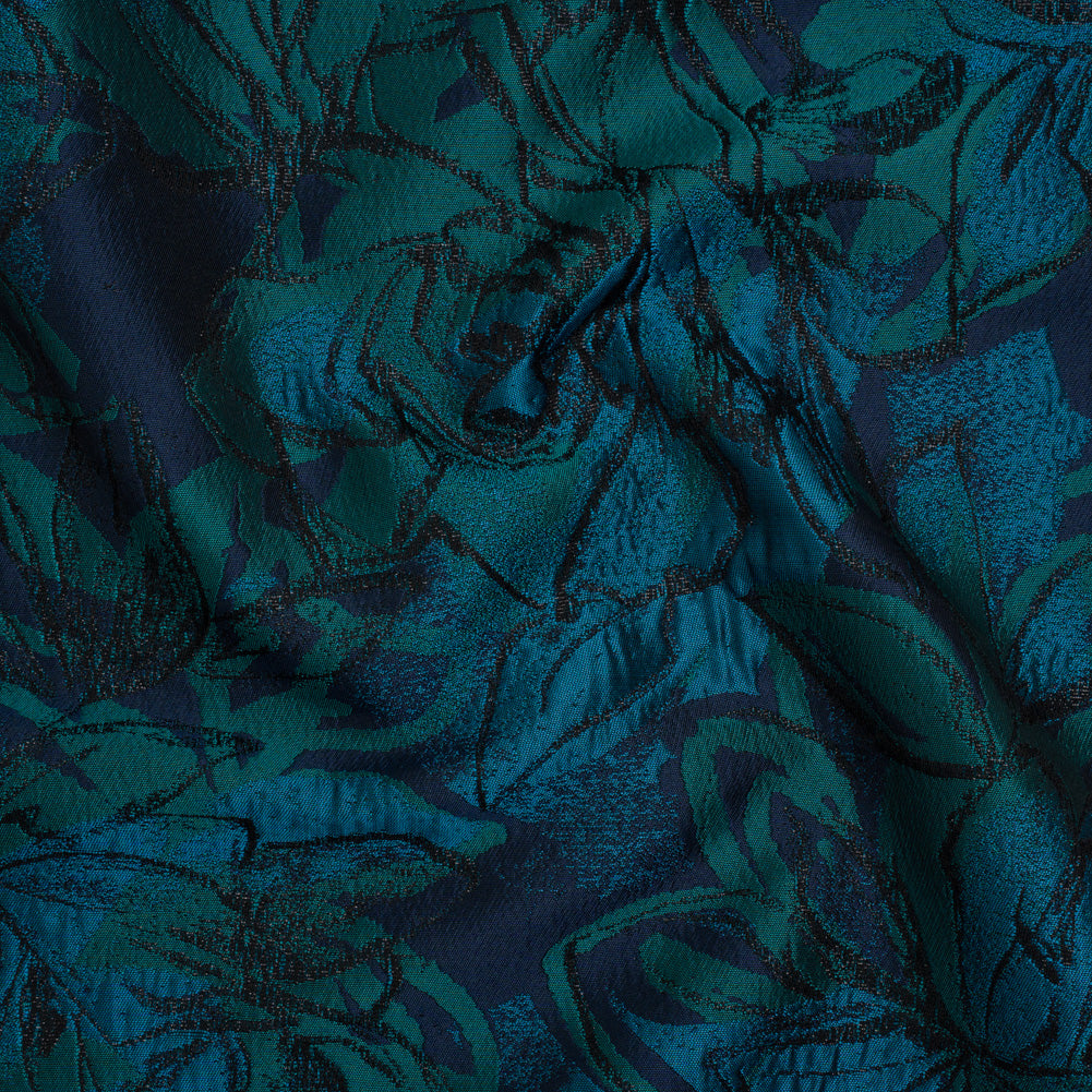 Metallic Polyester Brocade - Blue, Dark Turquoise and Black Floral - Designer Deadstock - Joann Fabrics