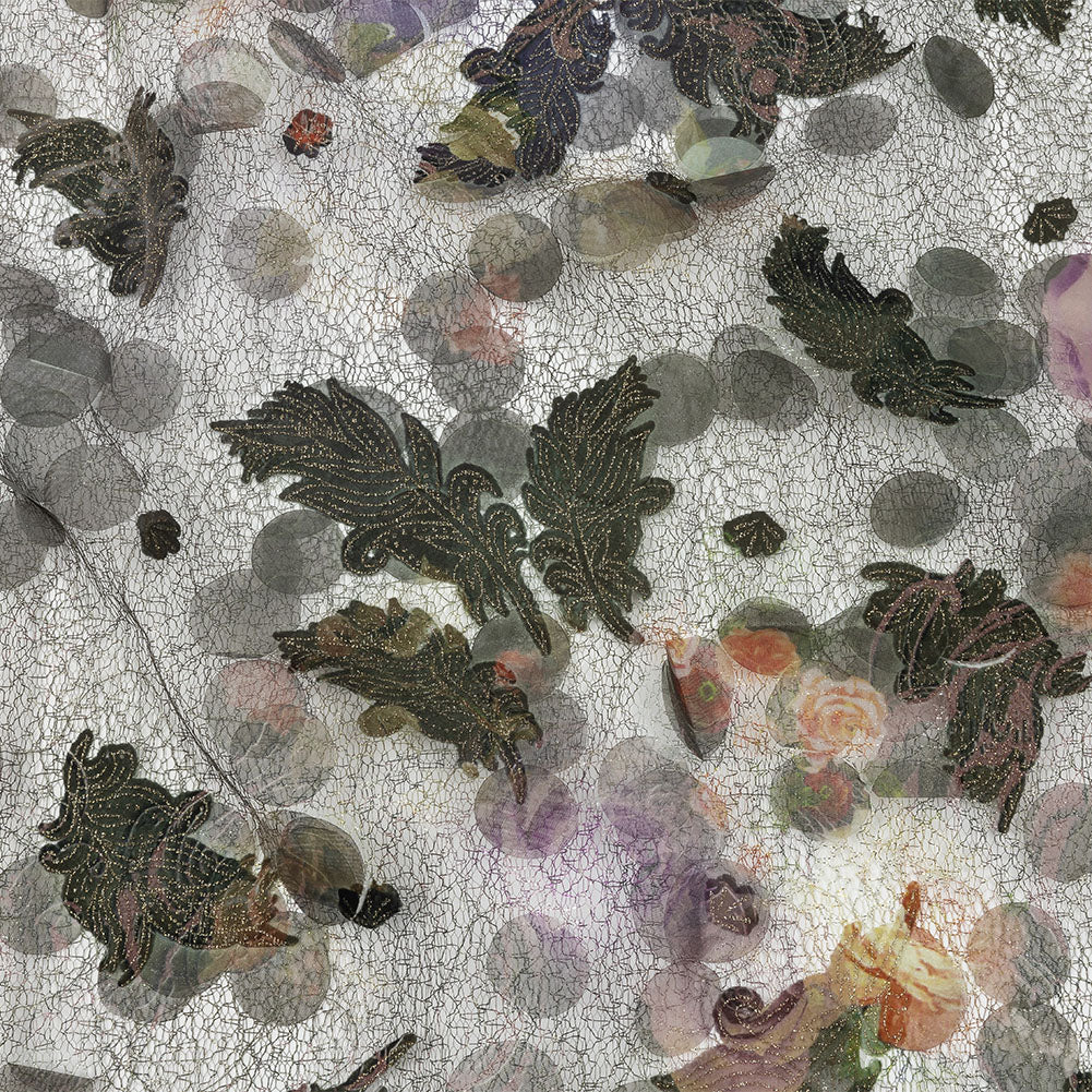 Olive, Purple and Gold Flowers and Leaves Printed Metallic Webbing with Organza Circle Appliques - Joann Fabrics