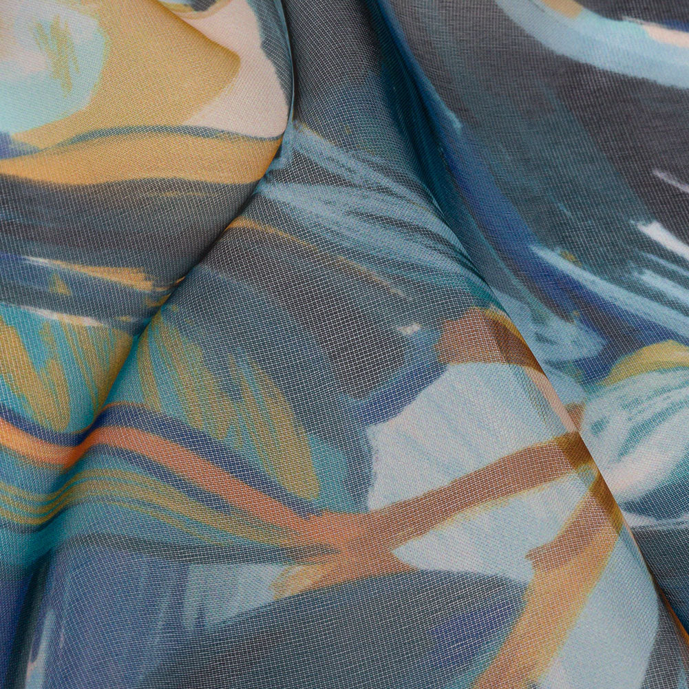 Sheer Polyester Woven Print - Dark Blue and Yellow Painterly Leaves - Mood Exclusive Eye of the Beholder - Joann Fabrics