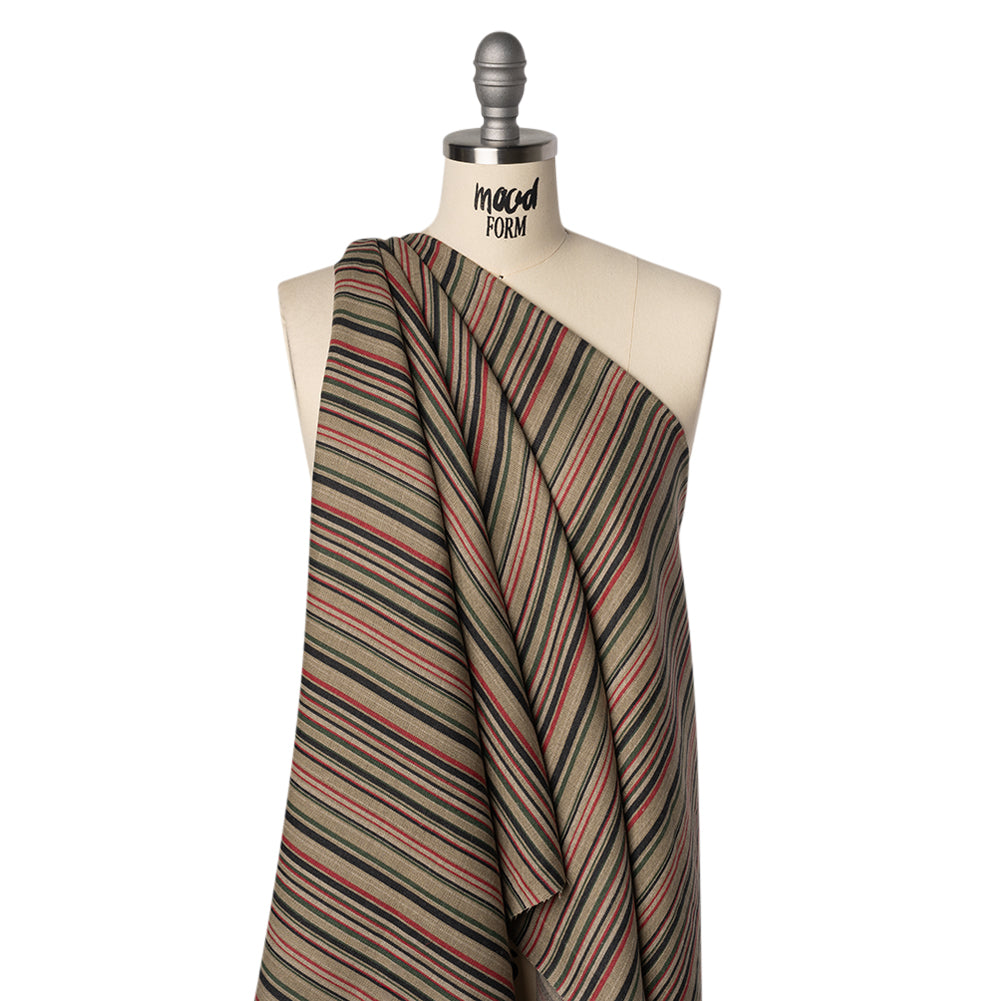Medium Weight Linen Woven Print - Red, Green and Black Barcode Stripes on Oatmeal - Joann Fabrics