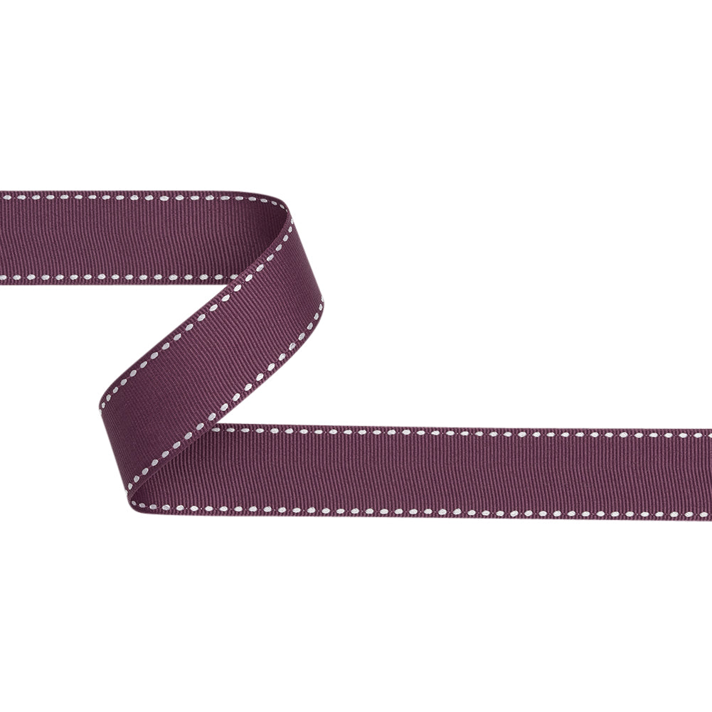Grosgrain Ribbon with White Stitched Borders - Plum Purple - 1