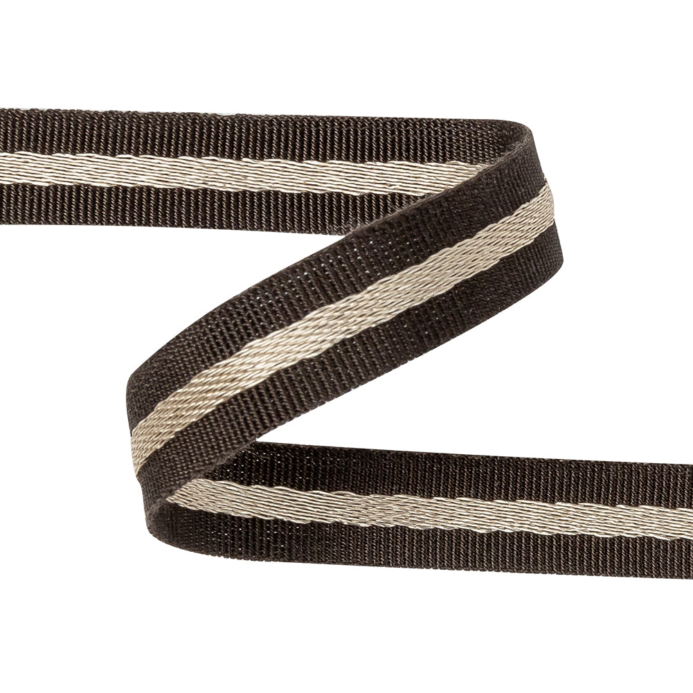 Italian Brown and Beige Striped Cotton Blend Grosgrain Ribbon - 0.4375