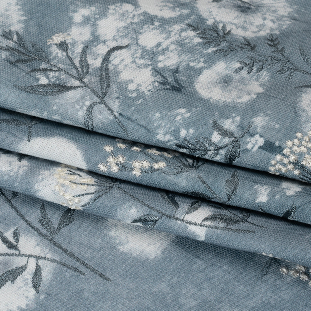 Cotton Canvas Print with Floral Embroidery - Denim Tie Dye Spots - British Imported - Joann Fabrics